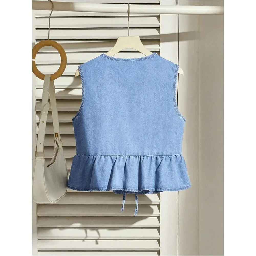 Women's Denim Vest Light Wash Sleeveless Peplum V Neck Ruffle Hem Top